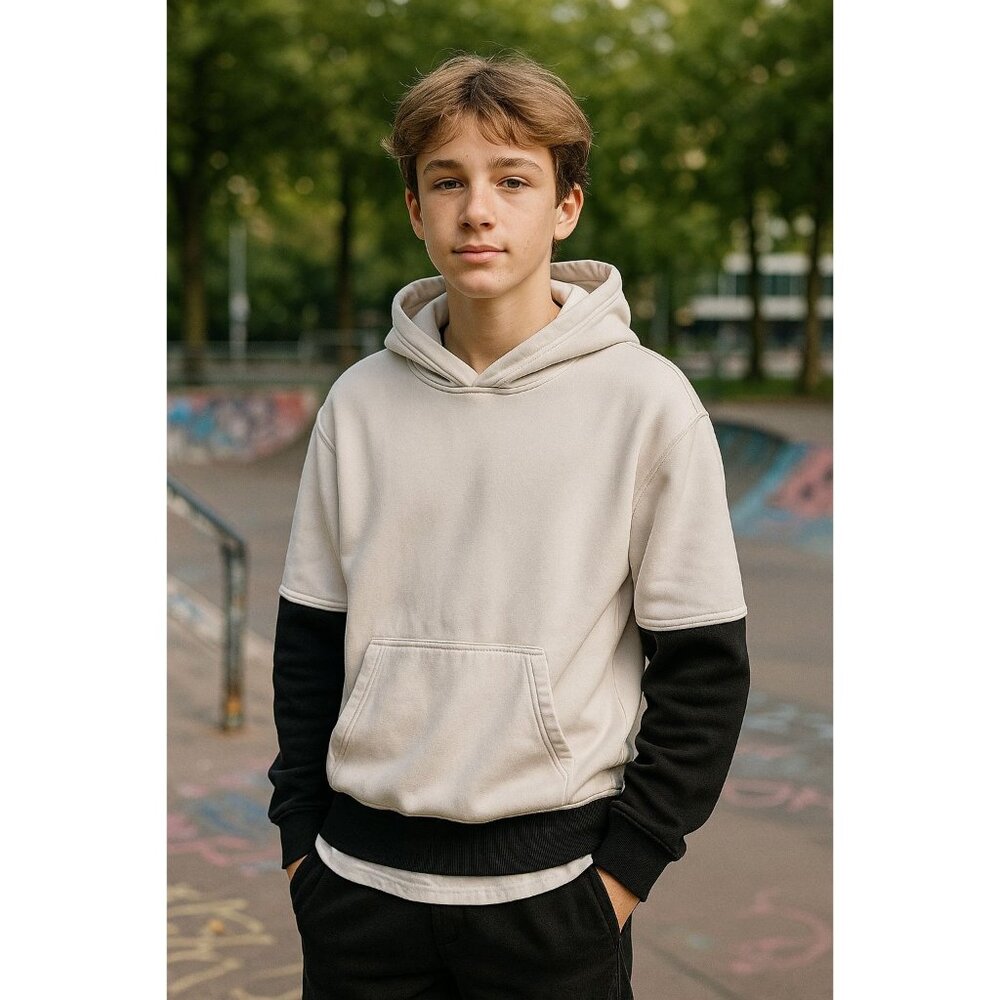 H&M Basic Hoodie Youth 16/18 White Black Colorblock Pullover Kangaroo Pocket
